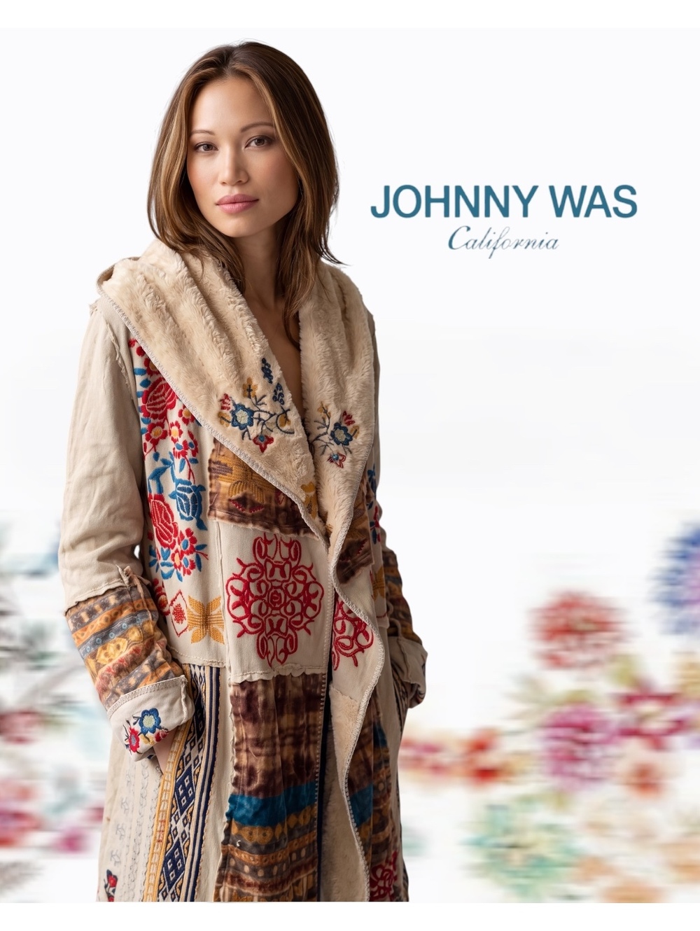 Johnny Was BIYA Embroidered Sherpa Hooded Duster Jacket Sz 1X